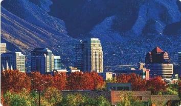 a city with trees and mountains in the background