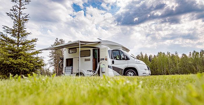 a white van parked in a grassy field with trees in the background